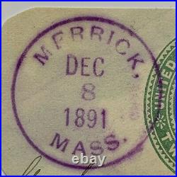Gorgeous 1891 Purple Merrick Massachusetts Cancel On Cut Square Stamp