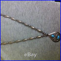 Gorgeous Old Pawn DoubleTurquoise&Stamped Sterling Silver Beads Necklace/Pendant