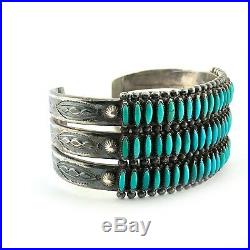 Gorgeous Old Zuni Stamped Sterling Silver & Turquoise Needlepoint Bracelet Cuff