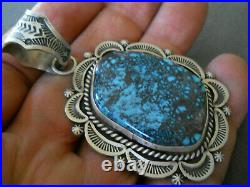 HAROLD J. Navajo Kingman Turquoise Antique Satin Sterling Silver Stamped Pendant