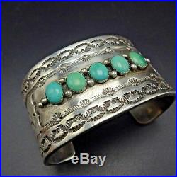 HEAVY Vintage NAVAJO Hand-Stamped Sterling Silver & TURQUOISE Cuff BRACELET 157g