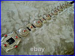 HERMAN CHANDLER Native American Coral Sterling Silver Stamped Concho Belt
