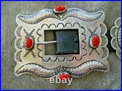 HERMAN CHANDLER Native American Coral Sterling Silver Stamped Concho Belt