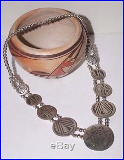HOPI Sterling Squash Stamped Overlay Bench Bead Disc Necklace Kokopelli Sun 90g