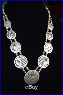 HOPI Sterling Squash Stamped Overlay Bench Bead Disc Necklace Kokopelli Sun 90g