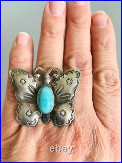 HUGE NAVAJO OLD PAWN Hand Stamped Sterling Turquoise BUTTERFLY Ring Size 10+