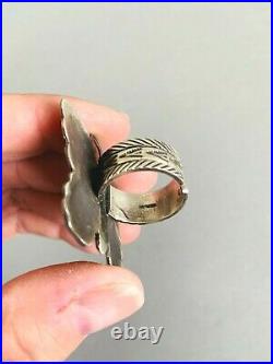 HUGE NAVAJO OLD PAWN Hand Stamped Sterling Turquoise BUTTERFLY Ring Size 10+