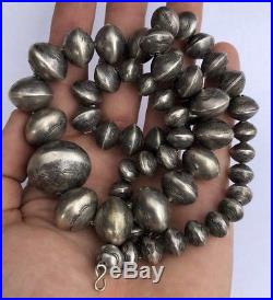 HUGE OLD Native American Stamped Sterling Silver Bench Bead Pearls Necklace 119g
