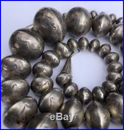 HUGE OLD Native American Stamped Sterling Silver Bench Bead Pearls Necklace 165g