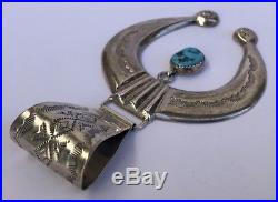 HUGE OLD PAWN Navajo Sterling Silver Stamped Kingman Turquoise Naja Necklace