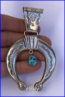 HUGE OLD PAWN Navajo Sterling Silver Stamped Kingman Turquoise Naja Necklace
