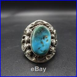 HUGE Vintage NAVAJO Hand-Stamped Sterling Silver and TURQUOISE RING size 8