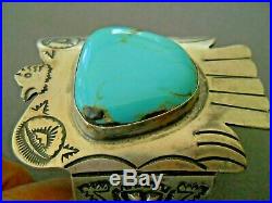 Handmade Native American Turquoise Sterling Silver Stamped Thunderbird Bracelet