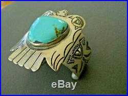 Handmade Native American Turquoise Sterling Silver Stamped Thunderbird Bracelet