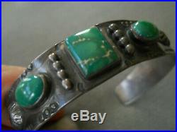 Harvey Era Native American Green Turquoise Sterling Silver Stamped Cuff Bracelet