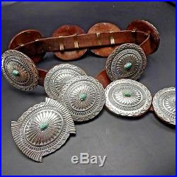 Heavy Signed Vintage NAVAJO Hand Stamped Sterling Silver & TURQUOISE Concho BELT