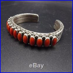 Heavy Vintage NAVAJO Hand Stamped Sterling Silver & RED CORAL Cuff BRACELET 85g