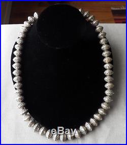 Heavy Vintage Silver Stamped Bead Navajo Pearls Necklace 221.2 Grams