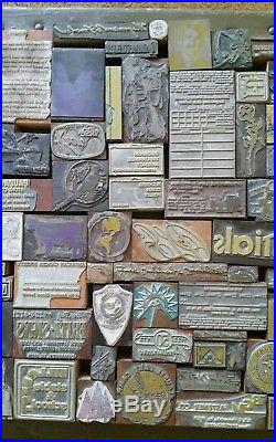 Huge Lot 128 Vintage Wood Metal Printing Press Block Stamp Ink Plate Advertismen