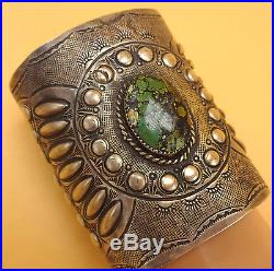 Huge NAVAJO Hand-Stamped & Repoussé Sterling Silver & TURQUOISE Cuff BRACELET