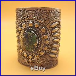 Huge NAVAJO Hand-Stamped & Repoussé Sterling Silver & TURQUOISE Cuff BRACELET