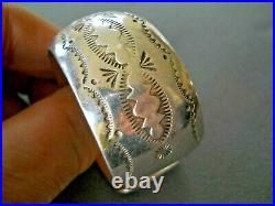 IDA PAYTON Native American Navajo Sterling Silver Rug Pattern Stamped Bracelet