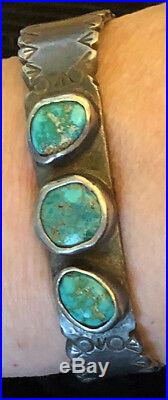 Important 1920s Ingot Hand Constructed, Stamped, Chiselled 3 Turquoise Bracelet