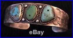 Important 1930s Hand Constructed Pump Drilled 3 Turquoise Hand Stamped Bracelet