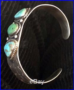 Important 1930s Hand Constructed Pump Drilled 3 Turquoise Hand Stamped Bracelet