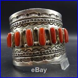 Kewa TONY AGUILAR SR Hand-Stamped Sterling Silver and CORAL Cuff BRACELET 115g