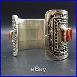 Kewa TONY AGUILAR SR Hand-Stamped Sterling Silver and CORAL Cuff BRACELET 115g