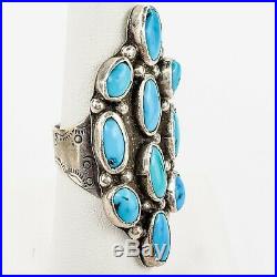 Large Sterling Silver Navajo Cluster Turquoise Ring Hand Stamped Band Size 8.5