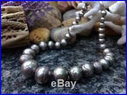 Large Vintage Navajo Sterling Silver Stamped Bench Beads Pearls Necklace 14