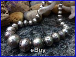 Large Vintage Navajo Sterling Silver Stamped Bench Beads Pearls Necklace 14