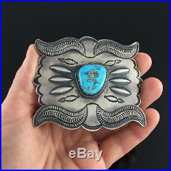 NAVAJO HAND STAMPED STERLING SILVER & TURQUOISE BELT BUCKLE by HARRY MORGAN