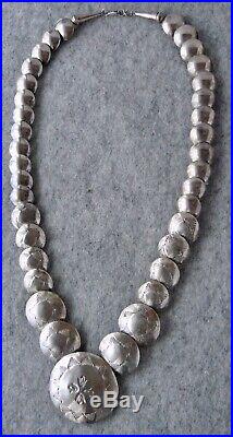 NAVAJO PEARLS Vintage Necklace Flat Sterling Silver Hollow Stamped Beads 67g
