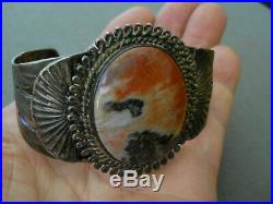 Native American Indian Petrified Wood Sterling Silver Stamped Cuff Bracelet