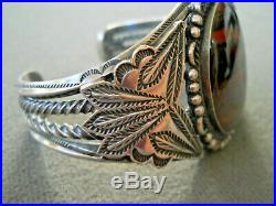 Native American Indian Petrified Wood Sterling Silver Stamped Rope Cuff Bracelet