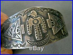 Native American Indian Sterling Silver Stamped Thunderbird + Symbols Bracelet