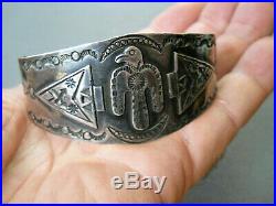 Native American Indian Sterling Silver Stamped Thunderbird + Symbols Bracelet