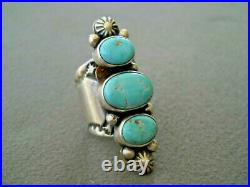 Native American Indian Turquoise 3-Stone Sterling Silver Stamped Ring JA sz 5.75