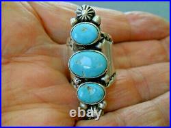Native American Indian Turquoise 3-Stone Sterling Silver Stamped Ring JA sz 5.75