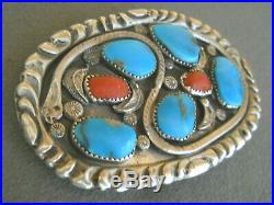 Native American Indian Turquoise Coral Sterling Silver Snake Stamped Belt Buckle