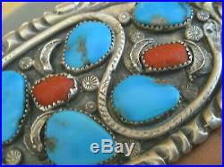 Native American Indian Turquoise Coral Sterling Silver Snake Stamped Belt Buckle
