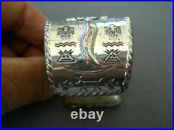 Native American Indian Turquoise Sterling Silver Repousse Stamped Cuff Bracelet