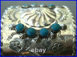 Native American Indian Turquoise Sterling Silver Repousse Stamped Cuff Bracelet