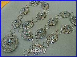Native American Indian Turquoise Sterling Silver Stamped Concho Chain Belt
