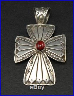 Native American Kenneth Johnson Cross Pendant Sterling and Garnet Hand Stamped