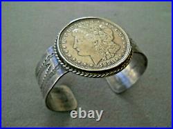 Native American Morgan 1921 Silver Dollar Coin Stamped Sterling Silver Bracelet