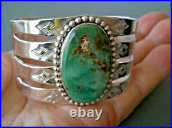 Native American Natural Green Royston Turquoise Sterling Silver Stamped Bracelet